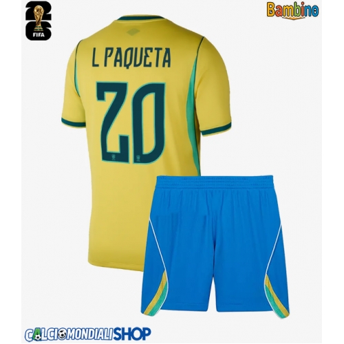 Maglie da calcio Brasile Lucas Paqueta #20 Prima Maglia Bambino Mondiali 2026  Manica Corta + Pantaloni corti)